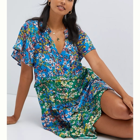 Anthropologie Robin Tiered red yellow floral mini sundress short sleeves Large - Picture 11 of 16